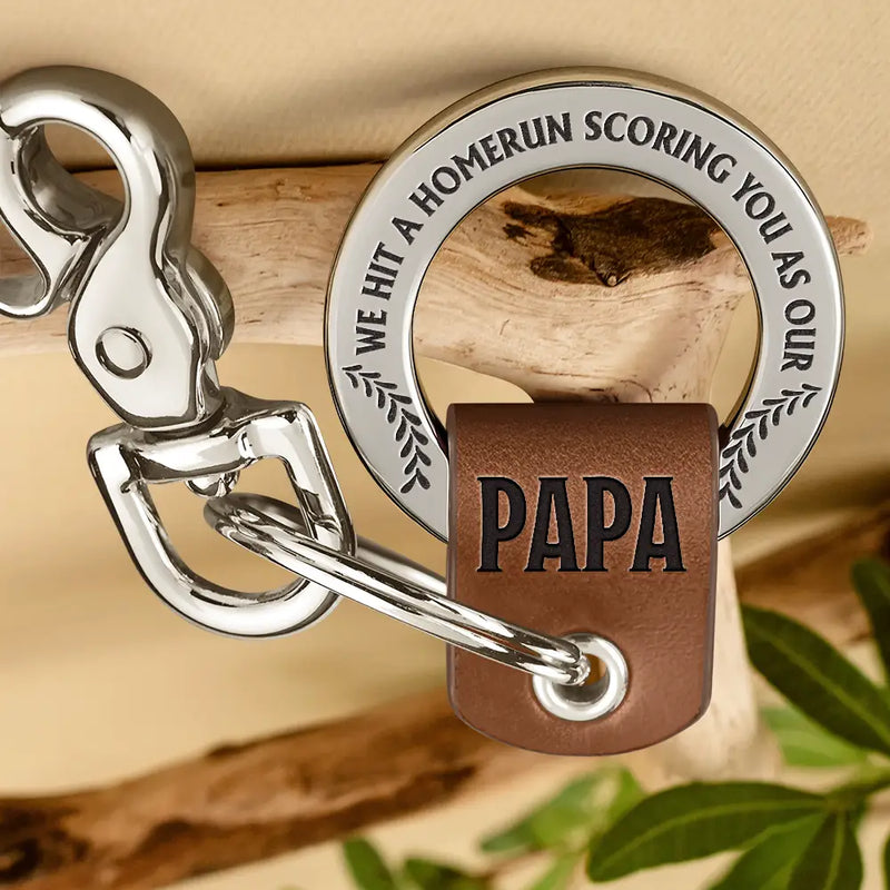 Baseball Hit A Homerun Scoring You As Dad Papa Husband - Personalized Leather Coordinates Keychain