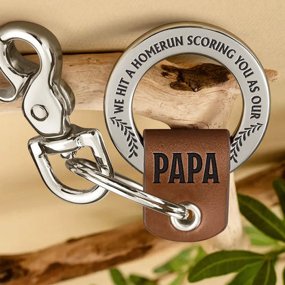 Baseball Hit A Homerun Scoring You As Dad Papa Husband - Personalized Leather Coordinates Keychain