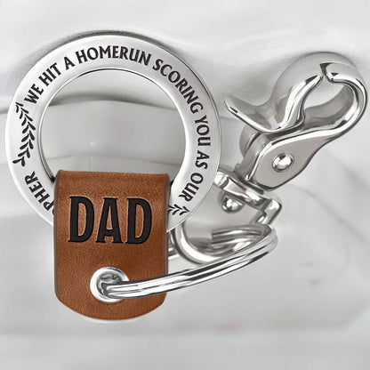 Baseball Hit A Homerun Scoring You As Dad Papa Husband - Personalized Leather Coordinates Keychain