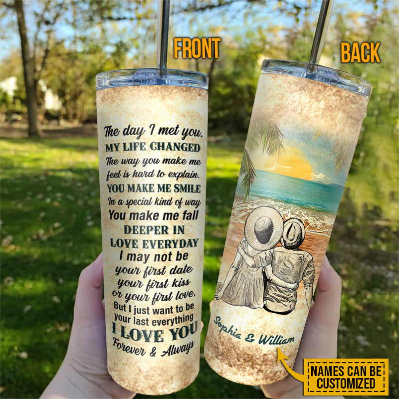 Beach Couple Dressed My Life Changed Custom Skinny Tumbler