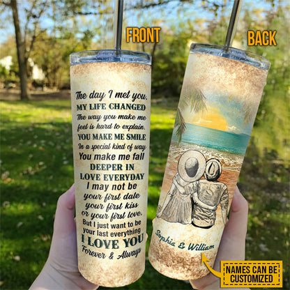 Beach Couple Dressed My Life Changed Custom Skinny Tumbler