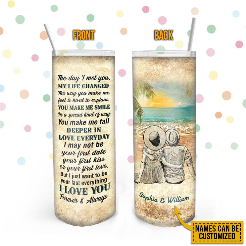 Beach Couple Dressed My Life Changed Custom Skinny Tumbler