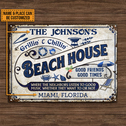 Beach Grilling Where Neighbors Listen Good Music Custom Classic Metal Signs