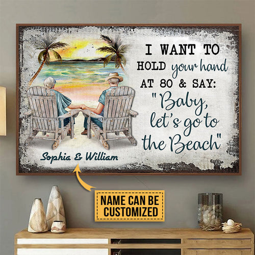 Beach Old Couple Hold Your Hand Sitting Chair Custom Poster