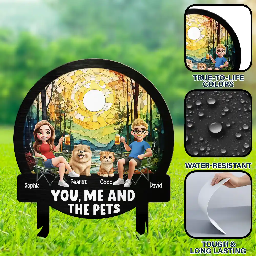 Beach You, Me And The Dog Cat - Personalized Metal Garden Stake