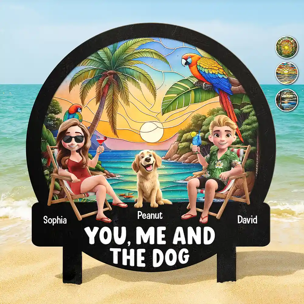 Beach You, Me And The Dog Cat - Personalized Metal Garden Stake