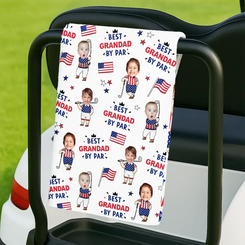 Custom Photo Best Dad By Par Funny Kid US Flag - Personalized Golf Towel