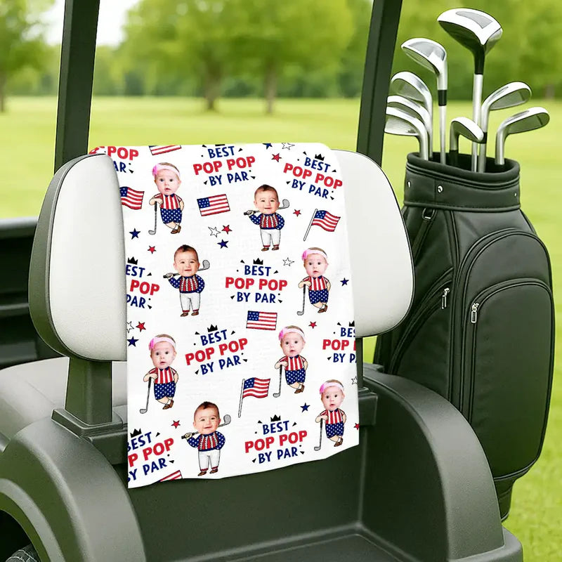 Custom Photo Best Dad By Par Funny Kid US Flag - Personalized Golf Towel