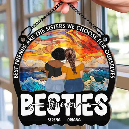 Besties Forever Sisters By Heart - Personalized Window Hanging Suncatcher Ornament Hanging Suncatcher Ornament The Next Custom Gift