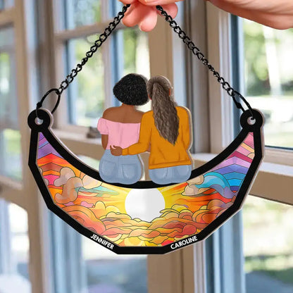 Besties Friends Sisters Hugging - Personalized Window Hanging Suncatcher Ornament Hanging Suncatcher Ornament The Next Custom Gift