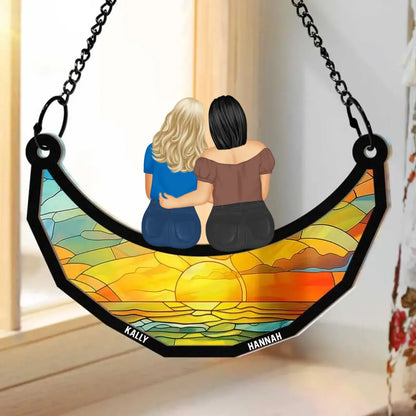 Besties Friends Sisters Hugging - Personalized Window Hanging Suncatcher Ornament Hanging Suncatcher Ornament The Next Custom Gift