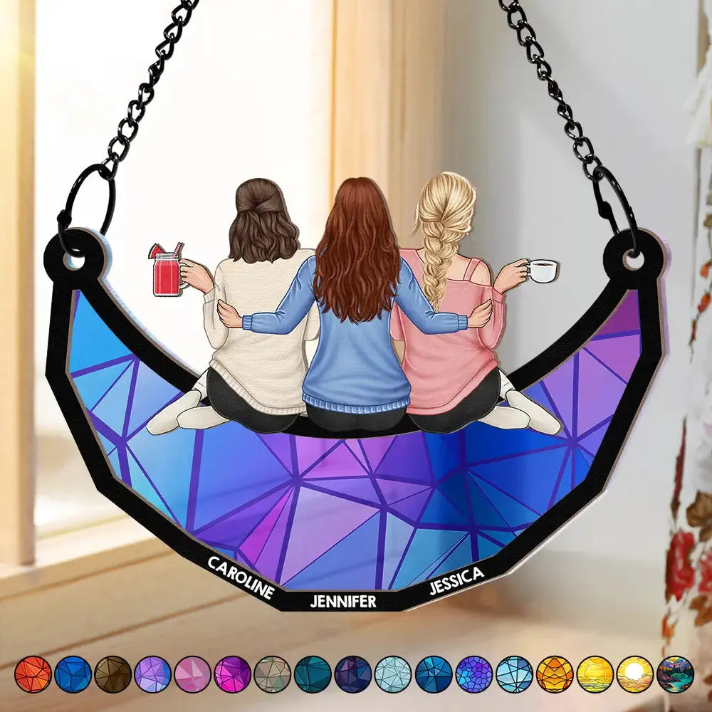 Besties Friends Sitting On The Moon - Personalized Window Hanging Suncatcher Ornament Hanging Suncatcher Ornament The Next Custom Gift