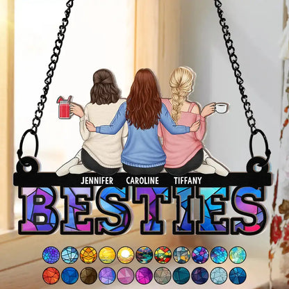 Besties Friends Sitting Together - Personalized Window Hanging Suncatcher Ornament Hanging Suncatcher Ornament The Next Custom Gift