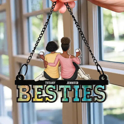 Besties Friends Sitting Together - Personalized Window Hanging Suncatcher Ornament Hanging Suncatcher Ornament The Next Custom Gift