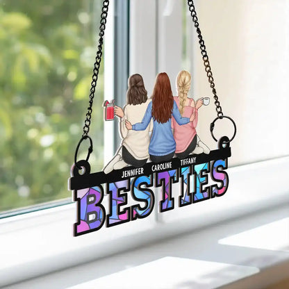 Besties Friends Sitting Together - Personalized Window Hanging Suncatcher Ornament Hanging Suncatcher Ornament The Next Custom Gift