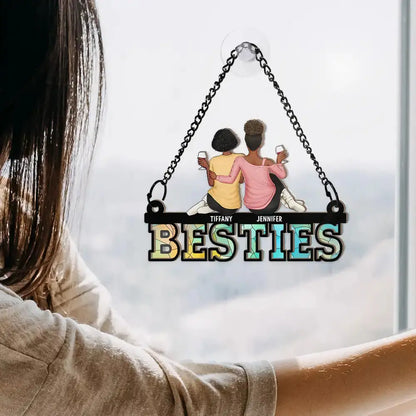 Besties Friends Sitting Together - Personalized Window Hanging Suncatcher Ornament Hanging Suncatcher Ornament The Next Custom Gift