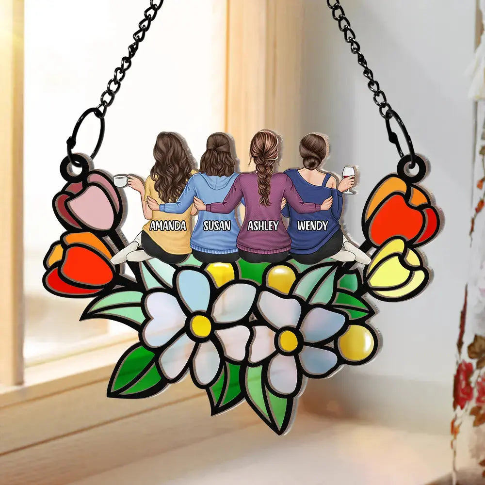 Besties In Tulip Flowers - Personalized Window Hanging Suncatcher Ornament Hanging Suncatcher Ornament The Next Custom Gift