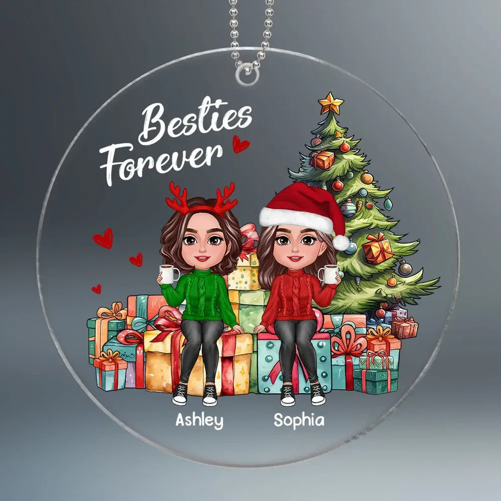 Besties Sisters Friends Sitting On Christmas Gifts Personalized Acrylic Ornament Ornament The Next Custom Gift