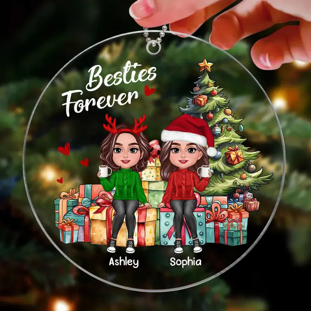 Besties Sisters Friends Sitting On Christmas Gifts Personalized Acrylic Ornament Ornament The Next Custom Gift