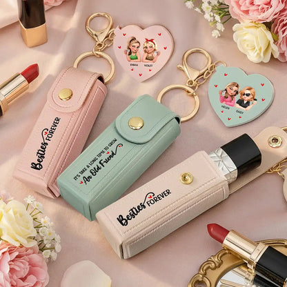Besties Forever - Personalized Leather Lipstick Case Keychain With Mirror