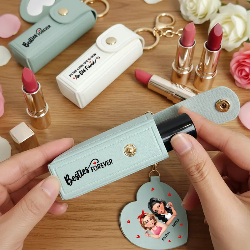 Besties Forever - Personalized Leather Lipstick Case Keychain With Mirror