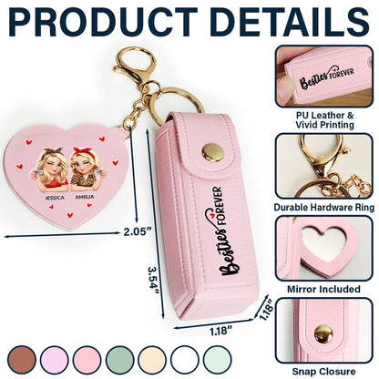 Besties Forever - Personalized Leather Lipstick Case Keychain With Mirror