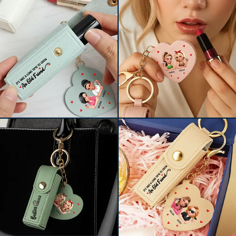Besties Forever - Personalized Leather Lipstick Case Keychain With Mirror