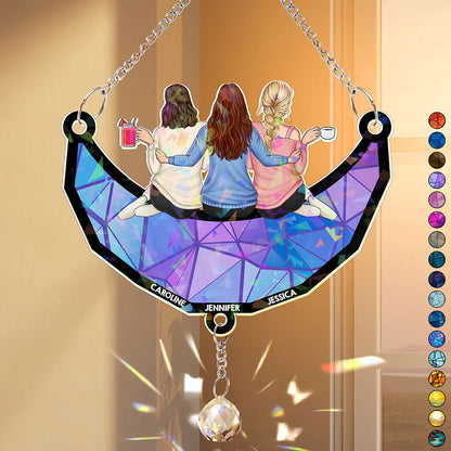 Besties Friends Sitting On The Moon - Personalized Rainbow Suncatcher With Crystal Ball Prism