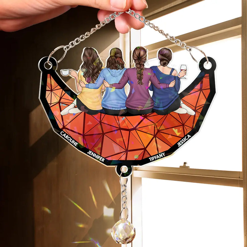 Besties Friends Sitting On The Moon - Personalized Rainbow Suncatcher With Crystal Ball Prism