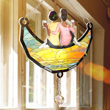 Besties Friends Sitting On The Moon - Personalized Rainbow Suncatcher With Crystal Ball Prism