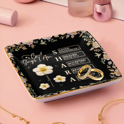 Bible Verse God Says I Am Birth Flower Nacre Effect - Personalized Ring Dish