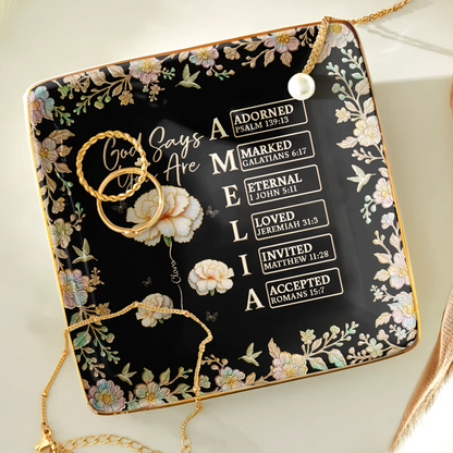 Bible Verse God Says I Am Birth Flower Nacre Effect - Personalized Ring Dish