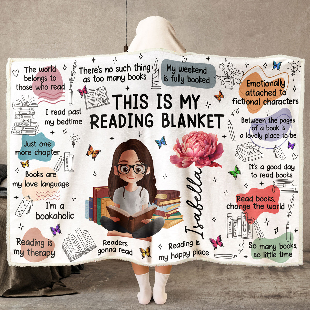Birth Flower Book Lovers, Books Quotes - Personalized Wearable Blanket Hoodie