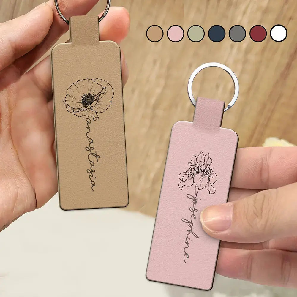 Birth Month Flowers Sketch Bloom Where You're Planted - Personalized Custom Shaped Leather Keychain Keychain The Next Custom Gift