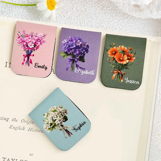 Birth Flower Bouquet Book Keepsake - Personalized Leather Magnetic Bookmark