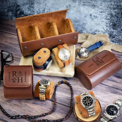 Birth Flower Couple Custom Monogram Name - Personalized Leather Watch Case