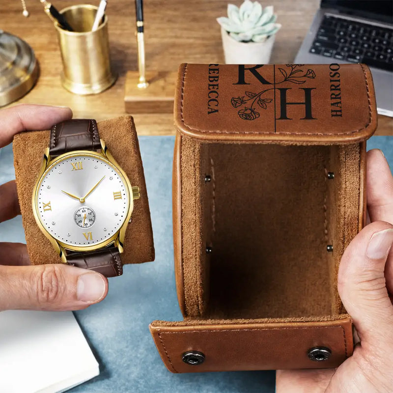 Birth Flower Couple Custom Monogram Name - Personalized Leather Watch Case