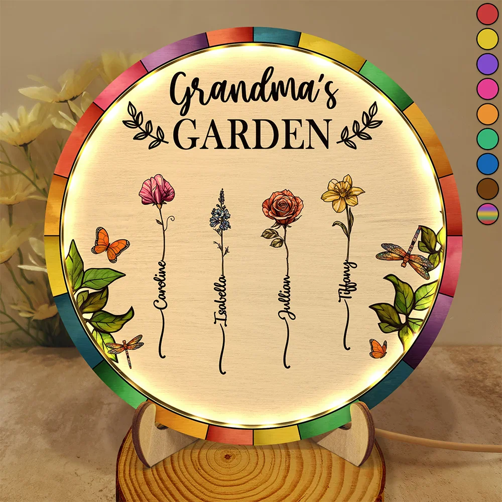Birth Flower Grandma's Garden - Personalized LED Light Wooden Plaque