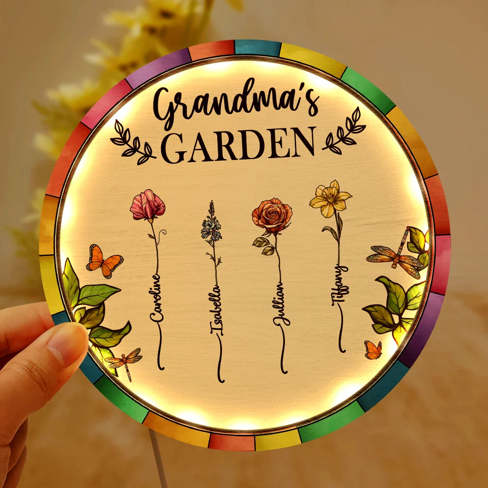 Birth Flower Grandma's Garden - Personalized LED Light Wooden Plaque