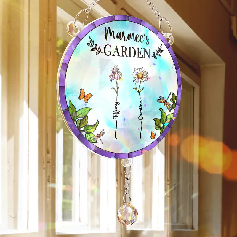 Birth Flower Grandma's Garden - Personalized Rainbow Suncatcher With Crystal Ball Prism