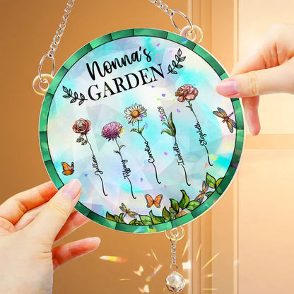 Birth Flower Grandma's Garden - Personalized Rainbow Suncatcher With Crystal Ball Prism