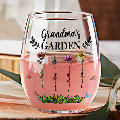 Gift For Grandma, Gift For Mother, Love - Birth Flower Grandma's Garden - Personalized Stemless Wine Glass