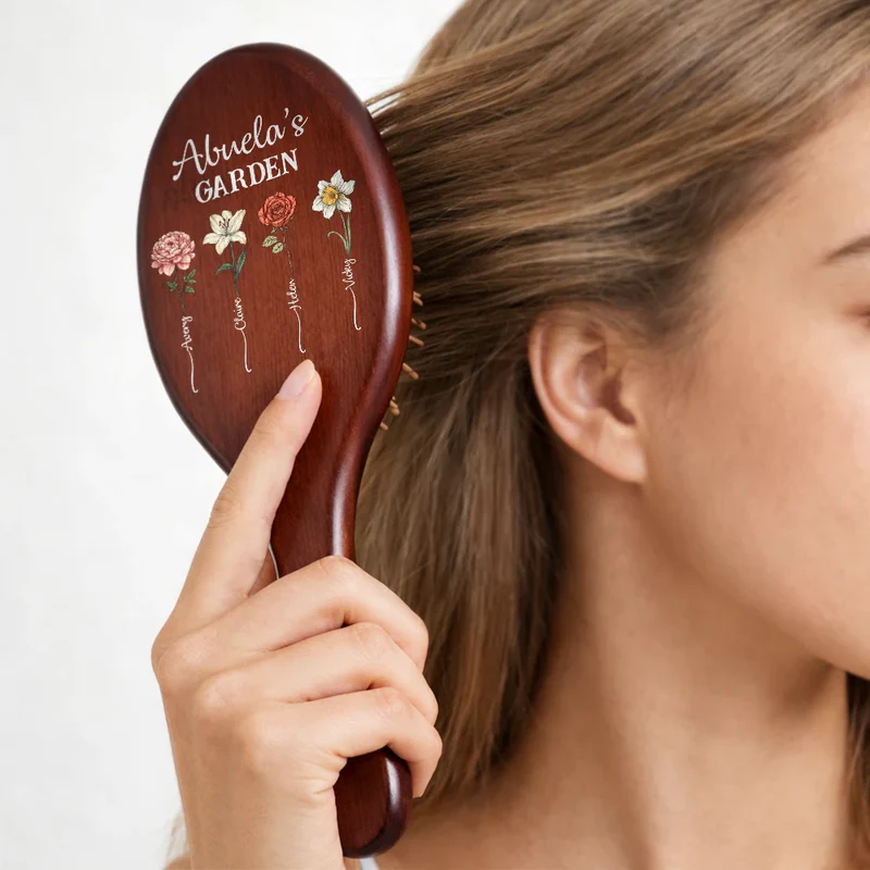 Birth Flowers Grandma's Garden - Personalized Wooden Hair Brush