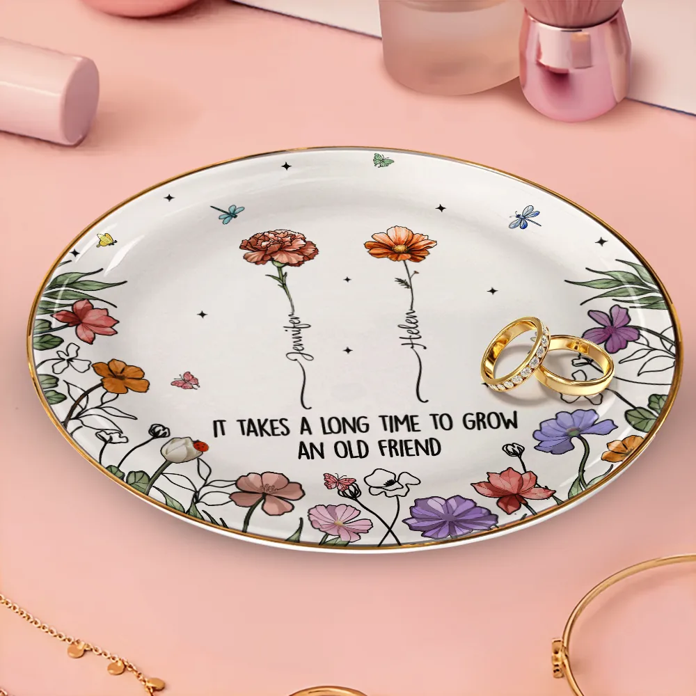 Birth Flowers Grow An Old Friend - Personalized Round Ring Dish