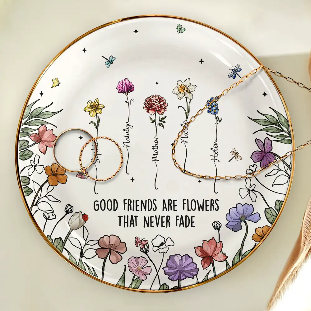 Birth Flowers Grow An Old Friend - Personalized Round Ring Dish