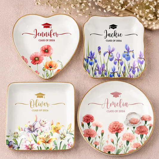 Birth Month Flower Watercolor Blooming In Love Graduation - Personalized Ring Dish