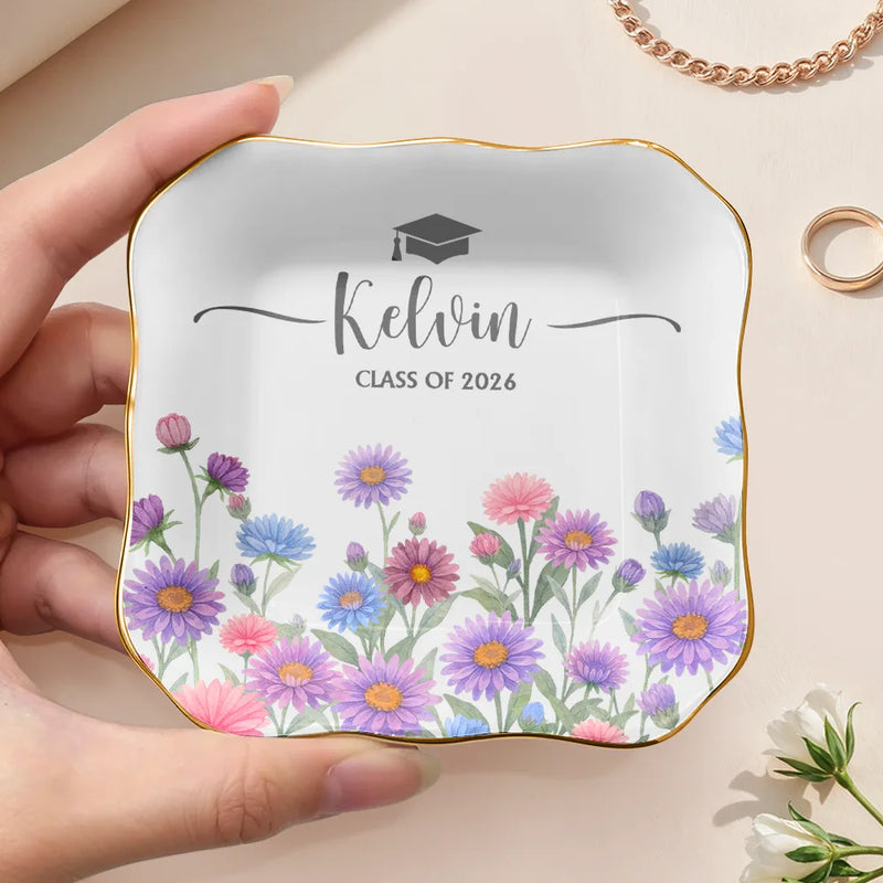 Birth Month Flower Watercolor Blooming In Love Graduation - Personalized Ring Dish