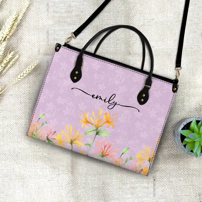 Birth Month Flower Watercolor Blooming In Love - Personalized Leather Bag