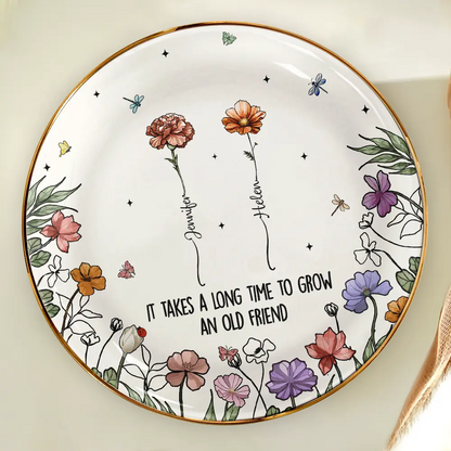 Birth Flowers Grow An Old Friend - Personalized Round Ring Dish
