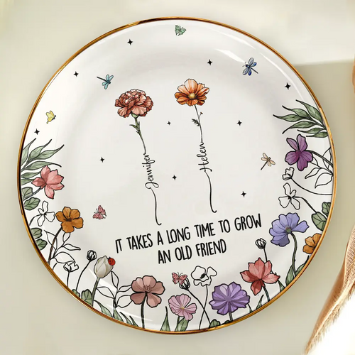 Birth Flowers Grow An Old Friend - Personalized Round Ring Dish